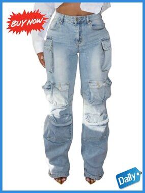 Rhinestone Cargo Jeans Baggy Ripped Stretchy Denim Pants